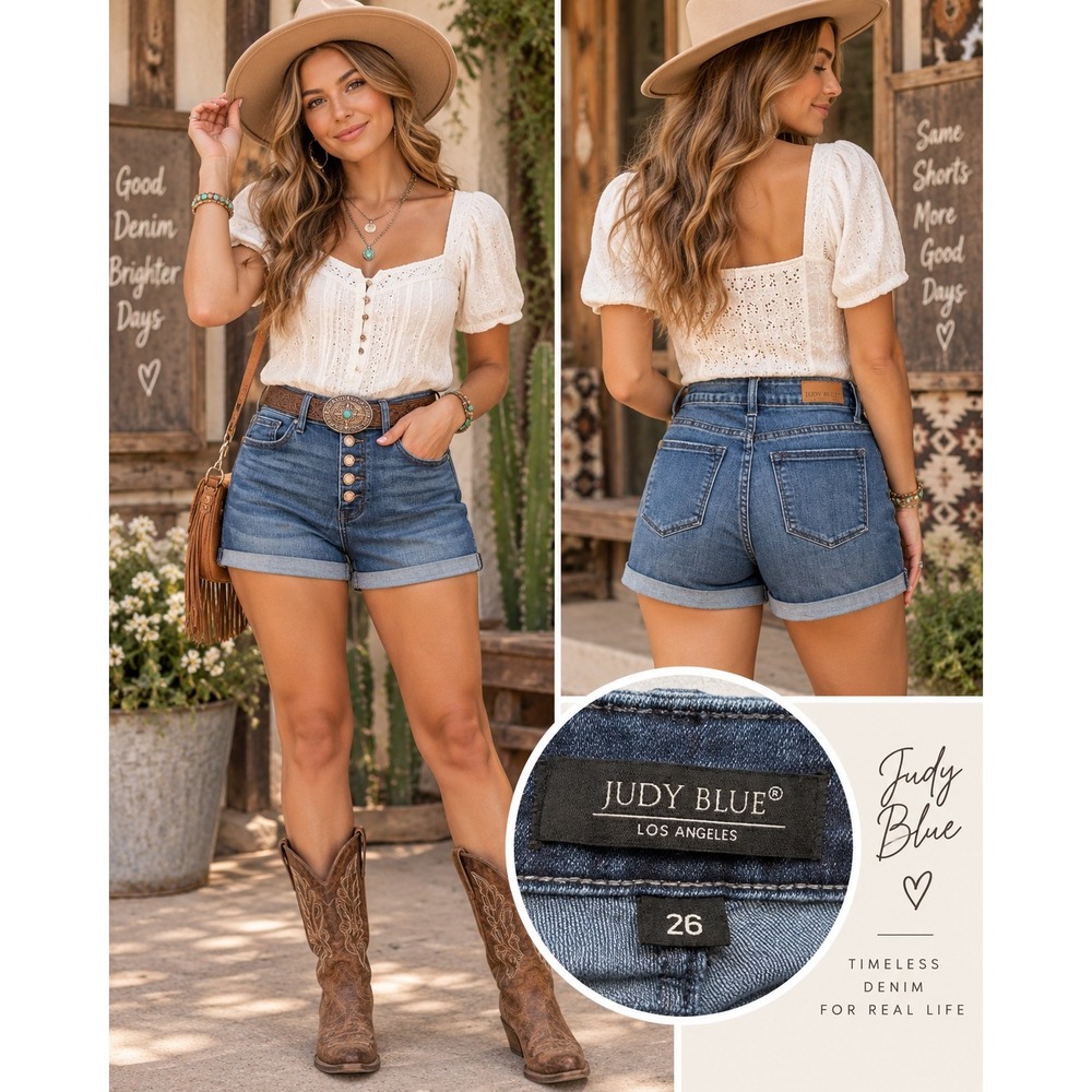 Judy Blue 26 Medium Wash High Waist Button Fly Cuffed Denim Shorts Womens
